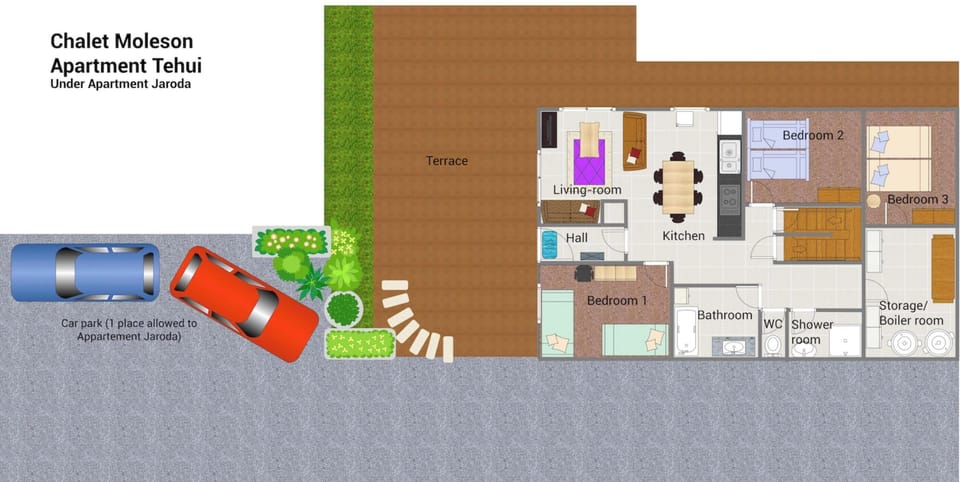 Layout of the chalet, showing car parking space, one for each apartment.