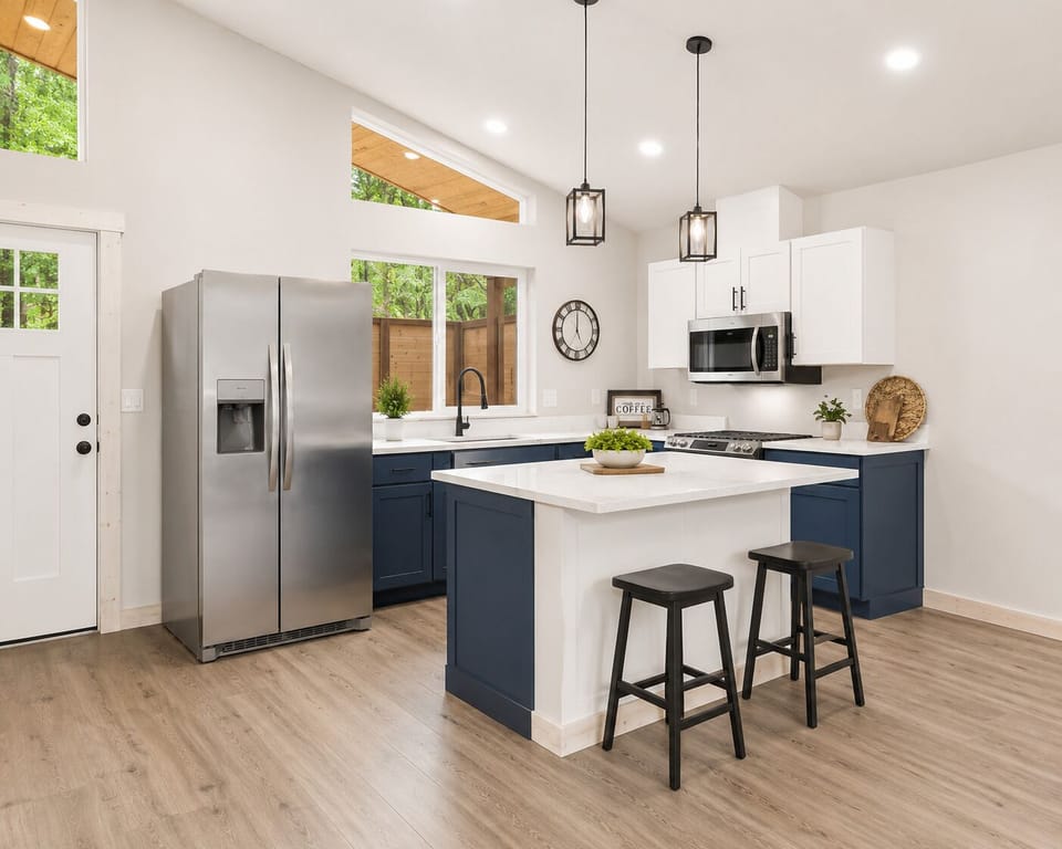 Full size appliances plus coffee maker, instant pot, and other essentials.