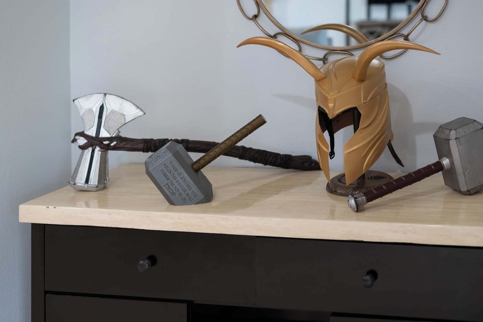 Stylish console detail w/ deer skull decor — a unique accent adding character to the space.
