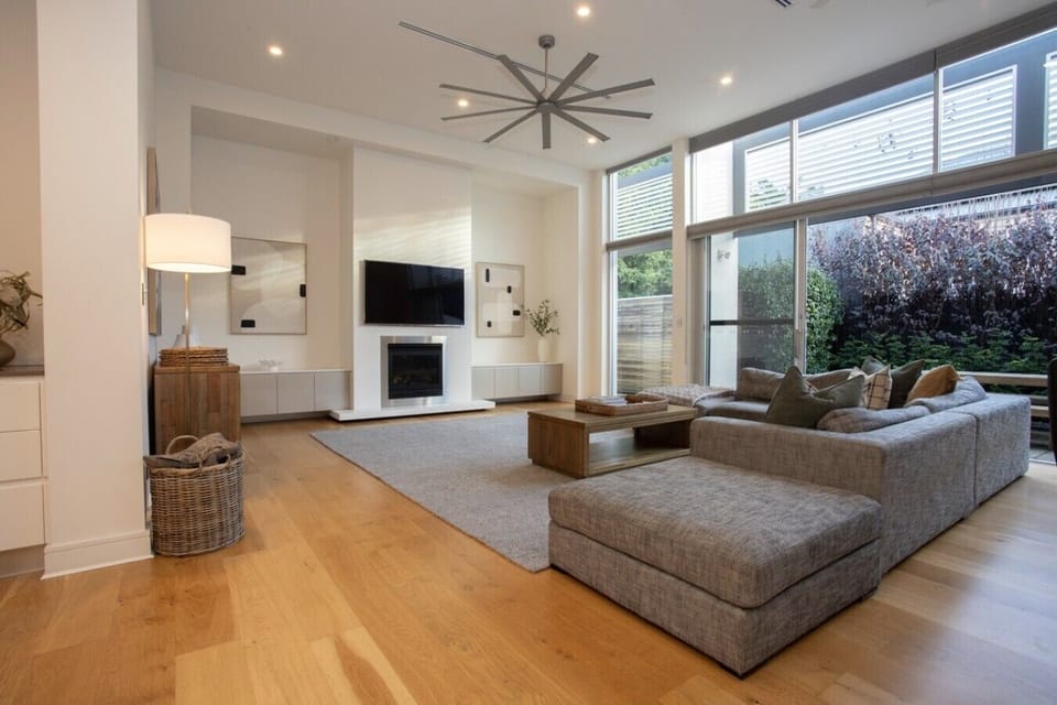 Double-height living with gas fireplace
