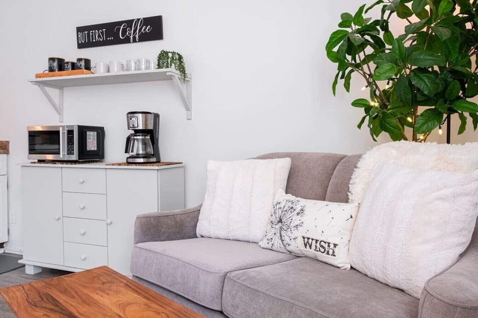 Cozy loveseat seating for relaxing, reading, or planning your Harrison adventures.