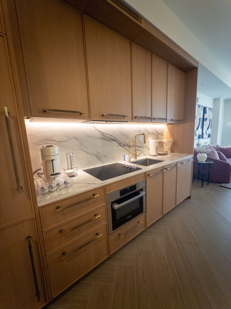 Whip up coffee against the marble backsplash - full-size cooktop, oven and everything you need to cook like home.