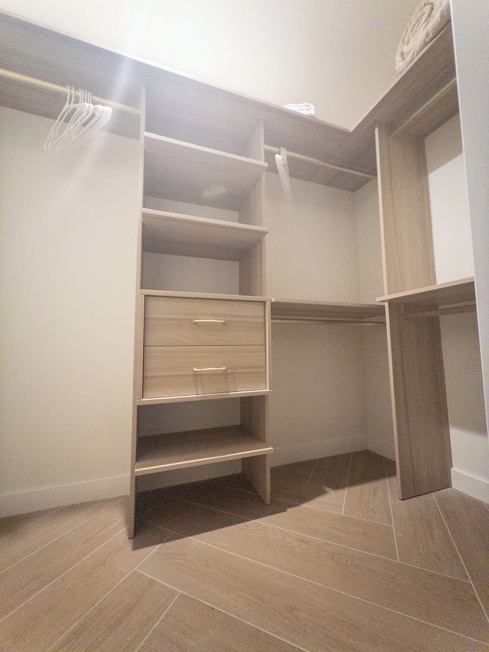 Custom walk-in closet with built-in shelving - room for every suitcase.