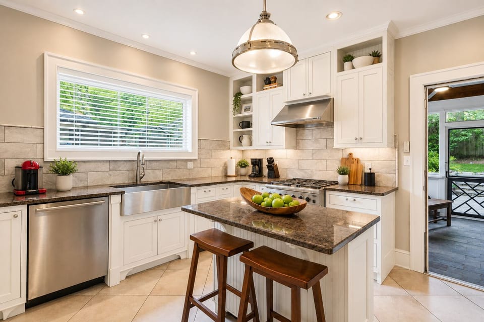 Chef's Kitchen featuring Subzero Fridge, Commercial Style 6 Burner Stove, 40" Smart TV, Center Island, Walk in Pantry, Luxury Cookware, Flatware, Glasses. Coffee Maker, Nespresso Machine, and more. Fully stocked, ready for you to make incredible meals.