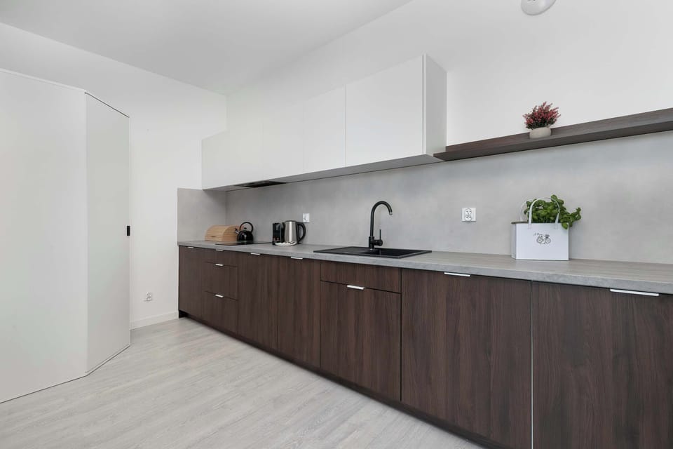 Modern kitchenette with sleek cabinetry, quality appliances, and practical storage solutions.