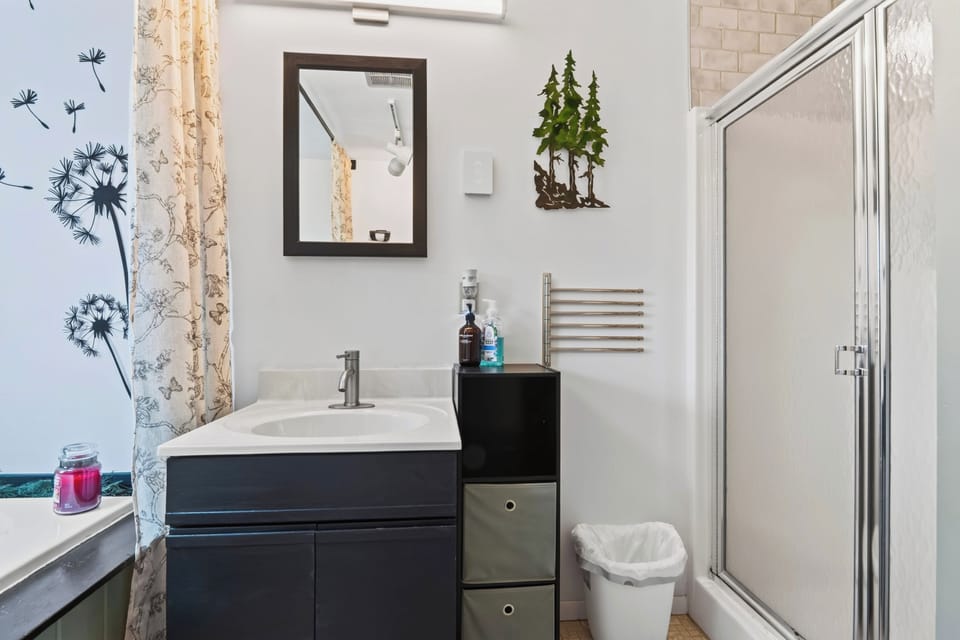 The full bathroom features a shower and a jetted tub.