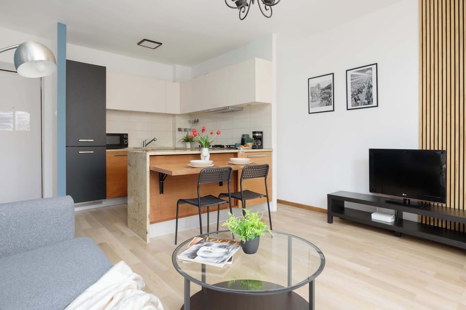 Bright open-plan living area combining a comfortable lounge space with a fully equipped kitchen.