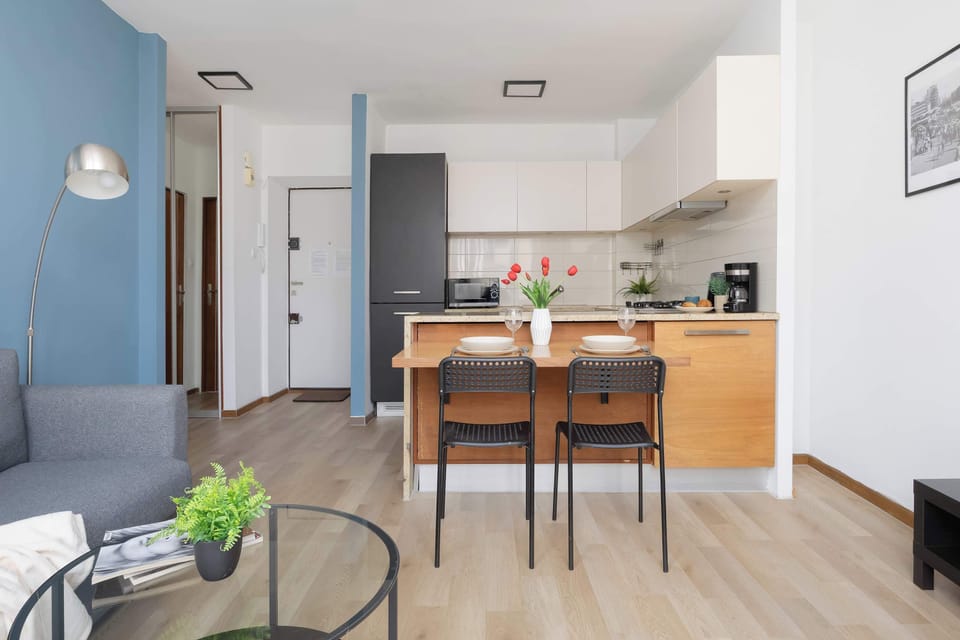 Bright open-plan living area combining a comfortable lounge space with a fully equipped kitchen.