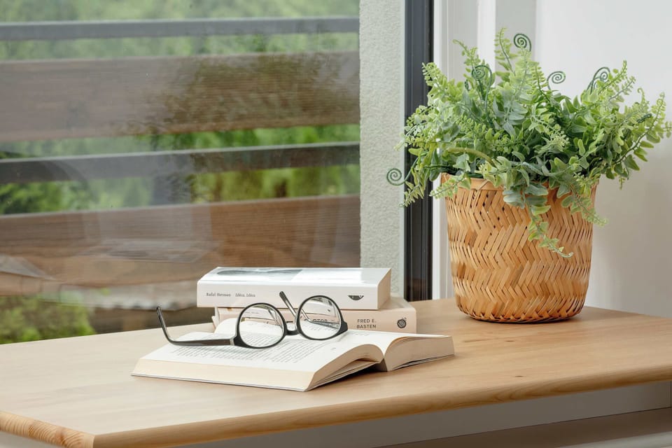 A close-up of a windowsill displays a plant and decorative accessories beside natural light. Small touches create a welcoming feel.