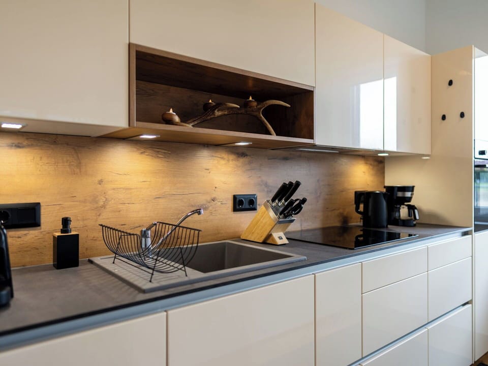 Kitchen, Countertop, Interior Design, Kitchen Appliance, Wood, Cabinetry, Flooring, Furniture, Light Fixture, Home Appliance