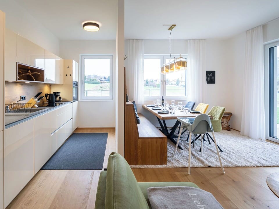 Furniture, Interior Design, Flooring, Wood, Floor, Ceiling, Kitchen & Dining Room Table, Apartment, Light Fixture, Kitchen