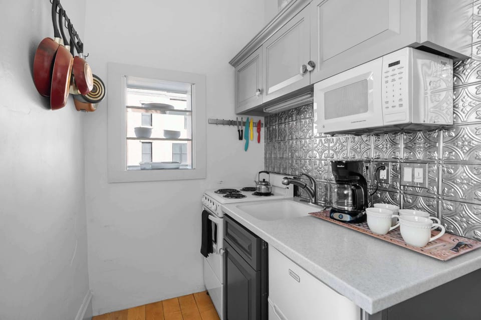 Perfect-sized kitchen for 2-4 guests stocked with everything you need to make meals or enjoy your morning coffee 