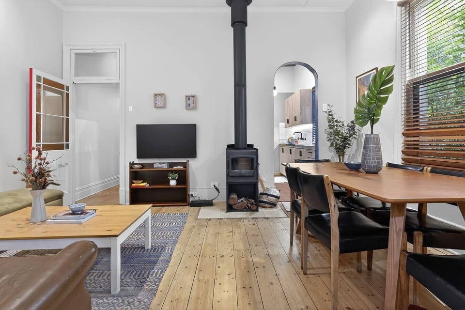 Lounge with wood fire, TV & timber floorboards