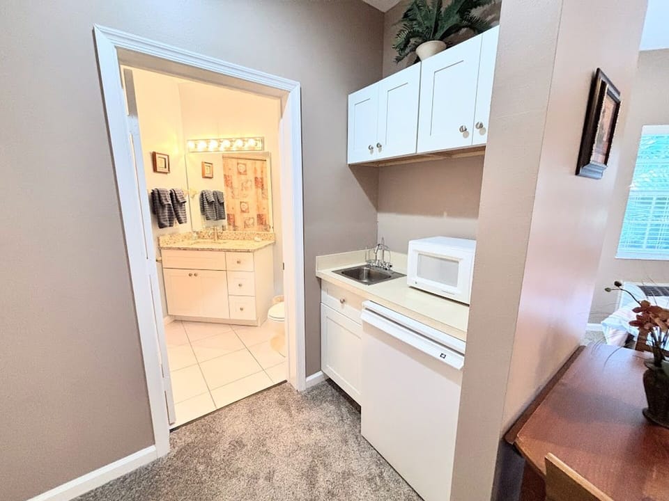 Convenient kitchenette area with microwave, sink, cabinet storage, and easy access to the bathroom.
