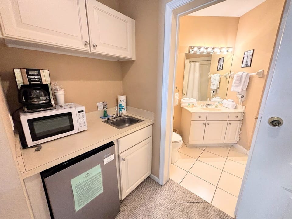 Convenient kitchenette area with microwave, mini fridge, sink, and easy access to the bathroom.