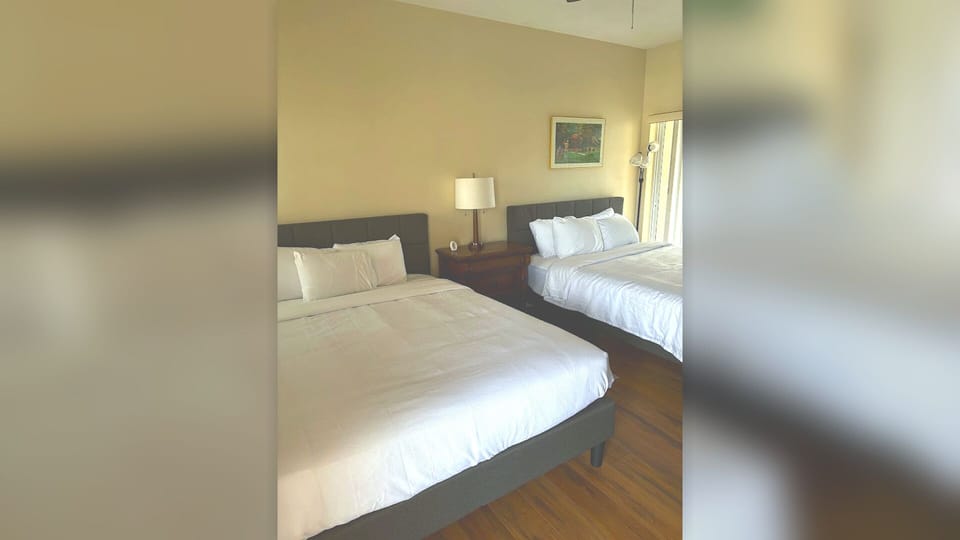 Comfortable bedroom featuring two beds, wood-look flooring, and a clean, relaxing setup.