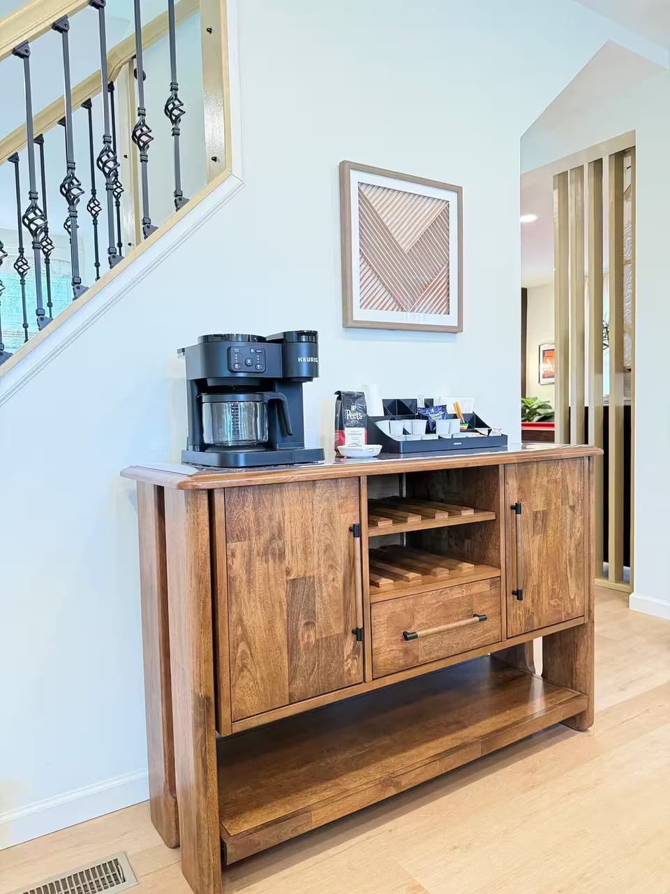 Dedicated coffee and cocoa station with Keurig, pods, and essentials 
