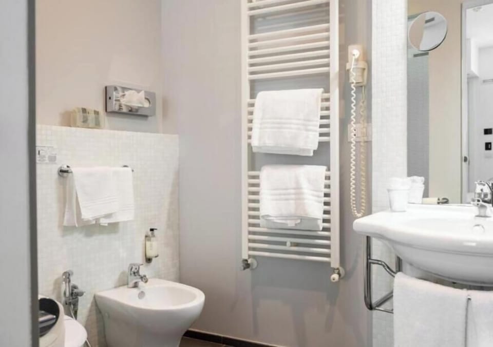 Shower, hair dryer, towels, toilet paper