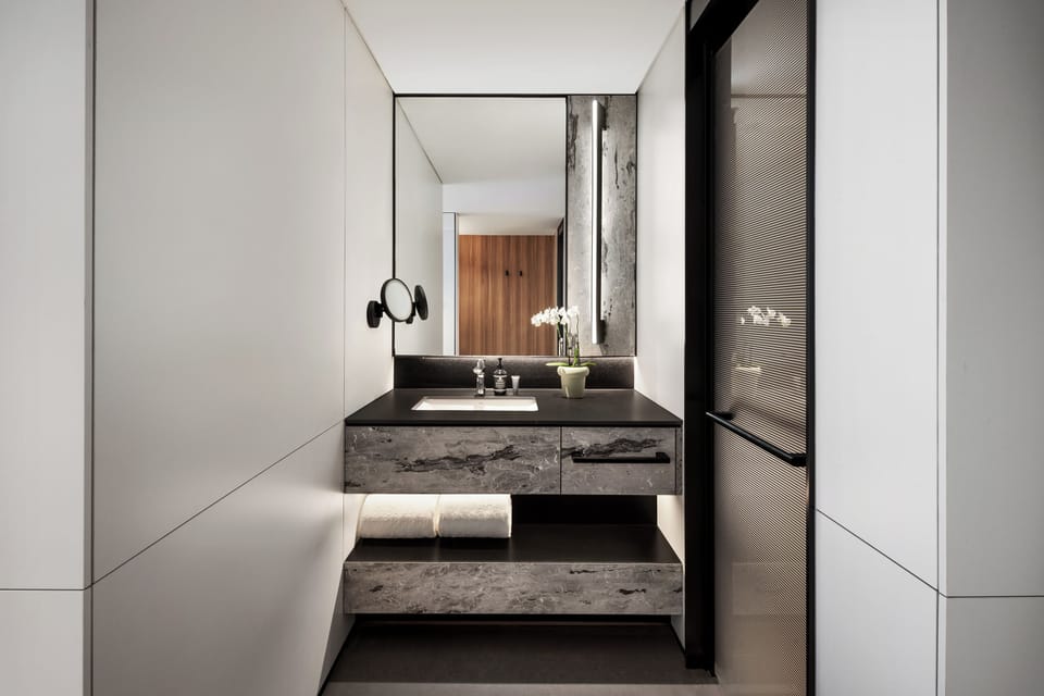 Shower, rainfall showerhead, hair dryer, slippers