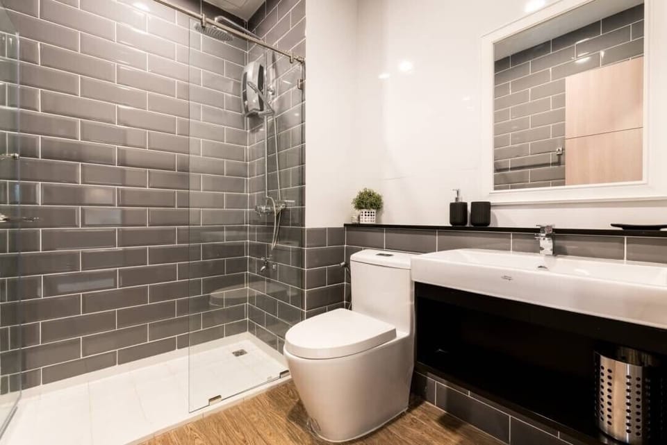 Shower, free toiletries, hair dryer, towels