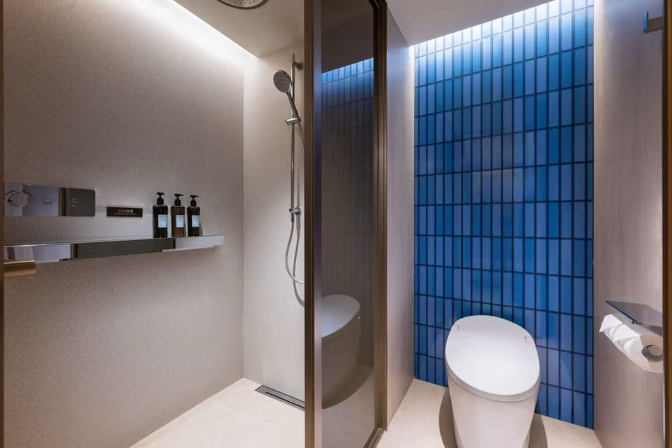Shower, hair dryer, slippers, towels