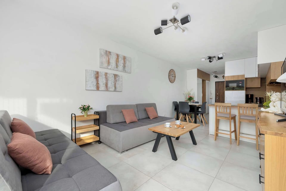 An open-plan living room and kitchenette with a sofa and dining area. The interior is modern and spacious.
