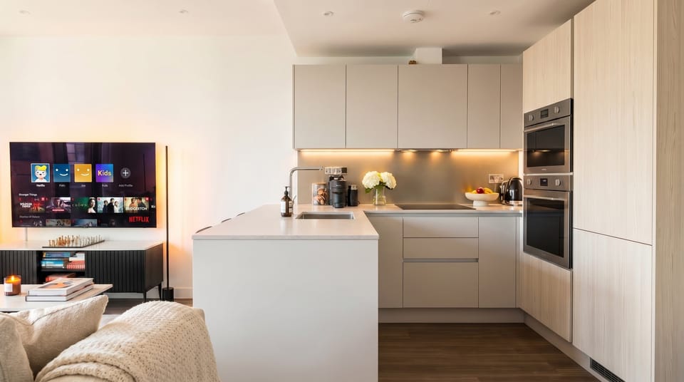 Modern kitchen with sleek appliances for gourmet cooking.