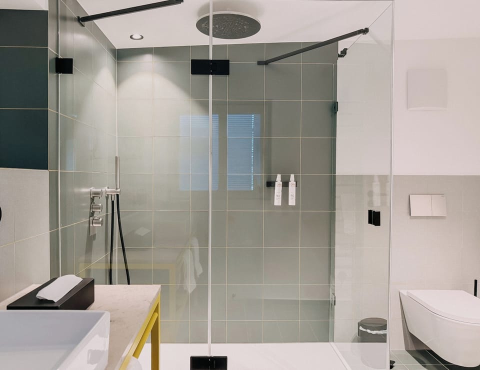Shower, free toiletries, hair dryer, towels