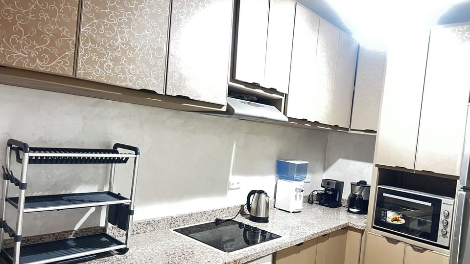 Full-size fridge, microwave, oven, stovetop