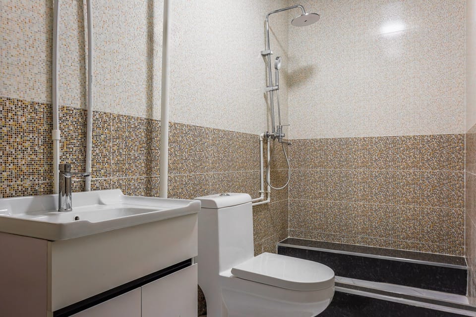 Shower, hair dryer, towels, toilet paper