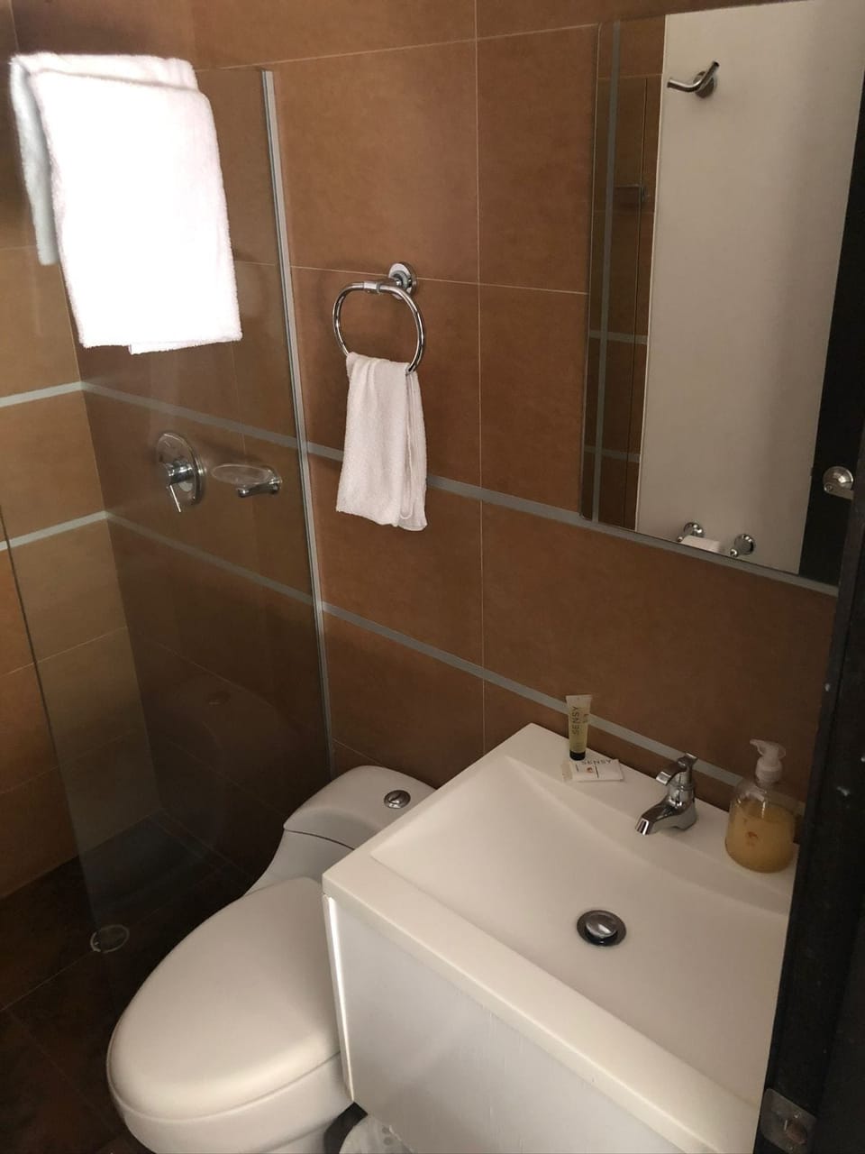 Shower, rainfall showerhead, towels, soap