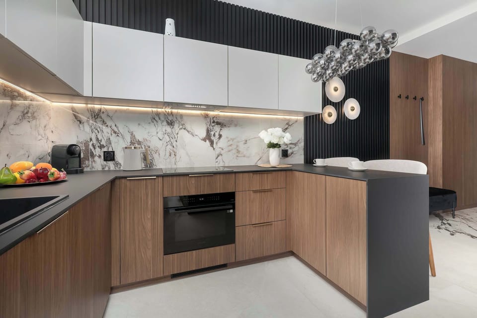 Designer kitchen with spacious countertops, contemporary finishes, and ample storage.