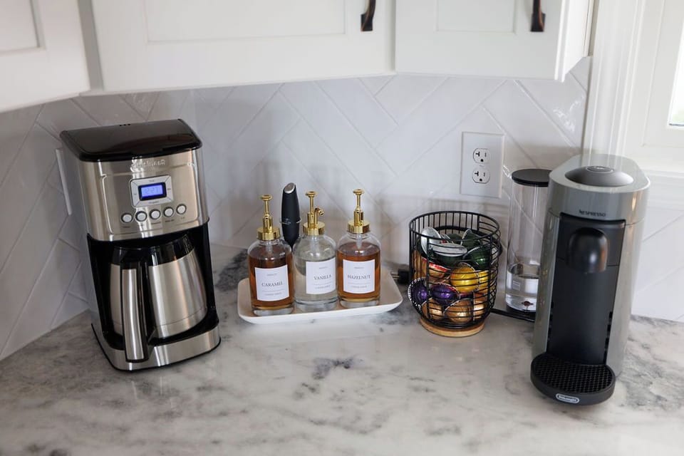 Guests can enjoy a classic drip-style or Nespresso coffee. We provide some ground coffee, Nespresso pods, and some flavored add-ins to all our guests upon arrival. 