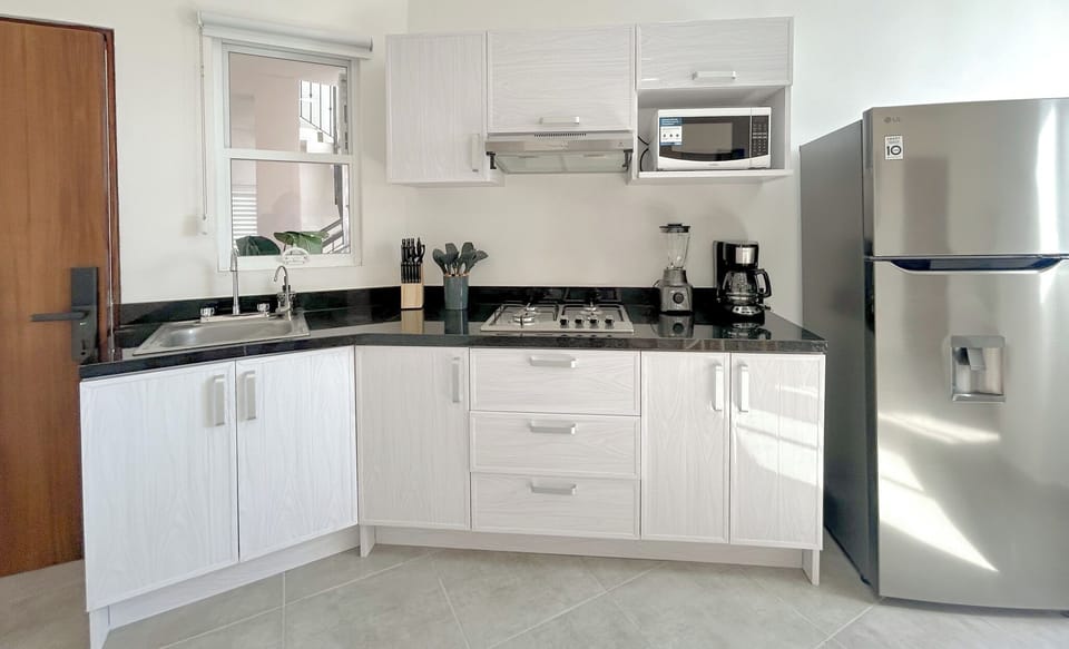 Comfort Apartment | Private kitchen | Full-size fridge, microwave, oven, stovetop