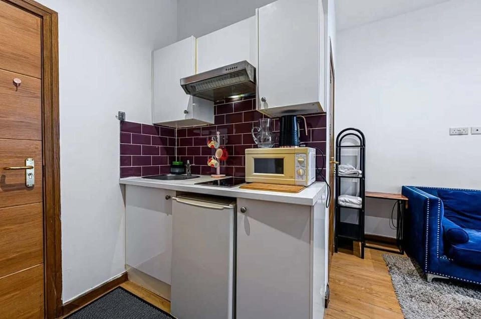 Fridge, microwave, stovetop, electric kettle