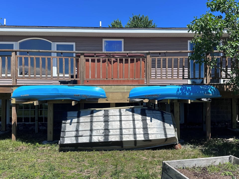 2 kayaks and a row boat for your use, life jackets are hanging in the garage. Bring your own fishing gear!