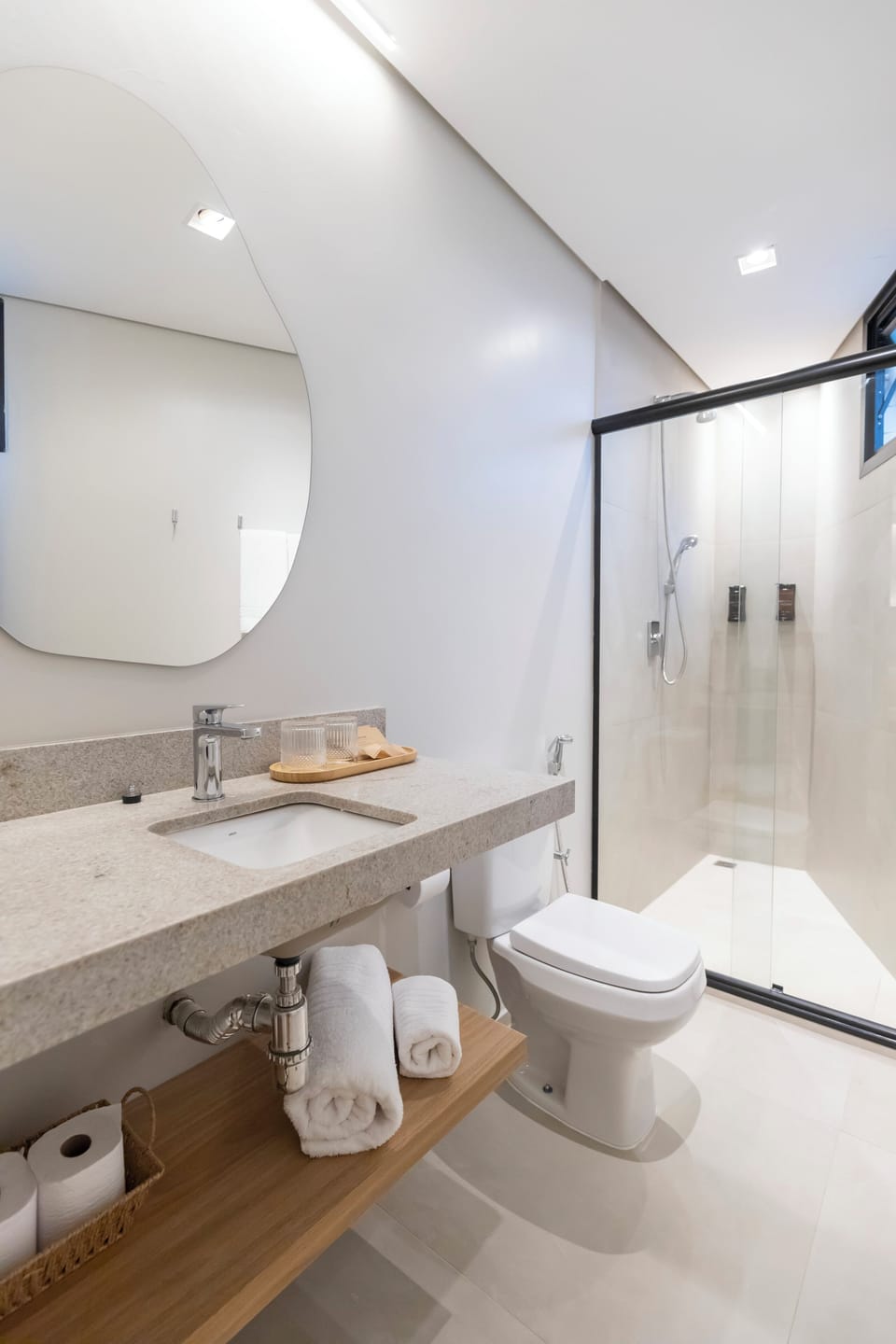 Shower, free toiletries, hair dryer, bathrobes