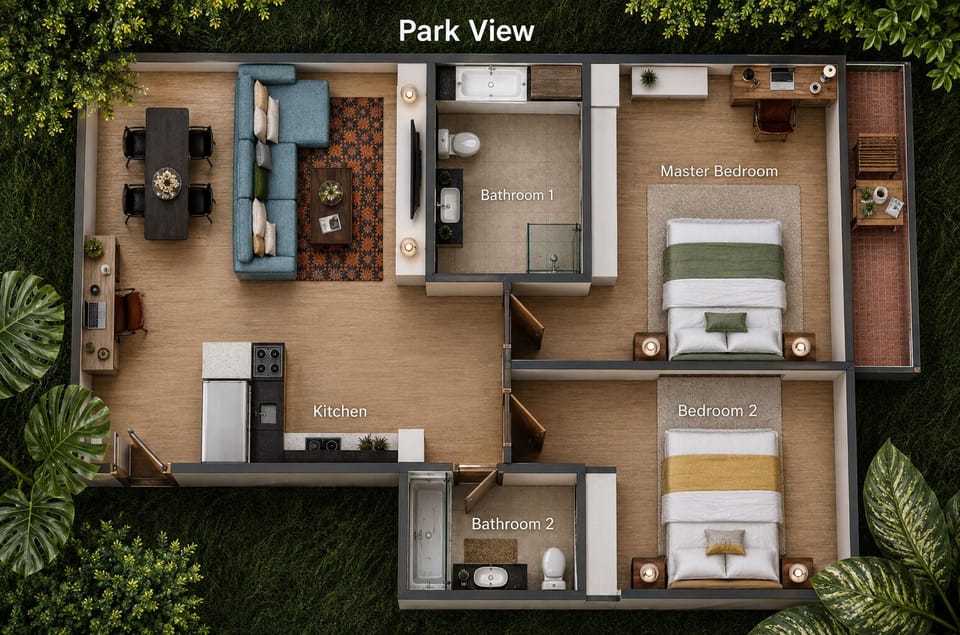【Floor Plan】 2 bedrooms, 2 bathrooms, full kitchen, dining, and living area, balcony — with Benjakitti Park right outside the master bedroom window.