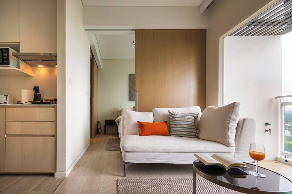 Partition to separate living and sleeping area for privacy.