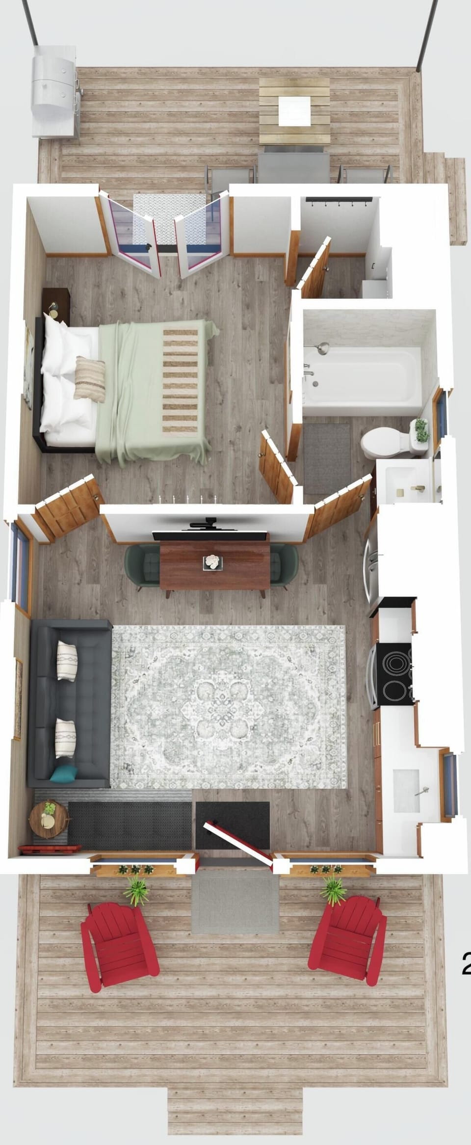 Cozy 1BR retreat with park-view deck, fire table, grill, and sofa sleeper