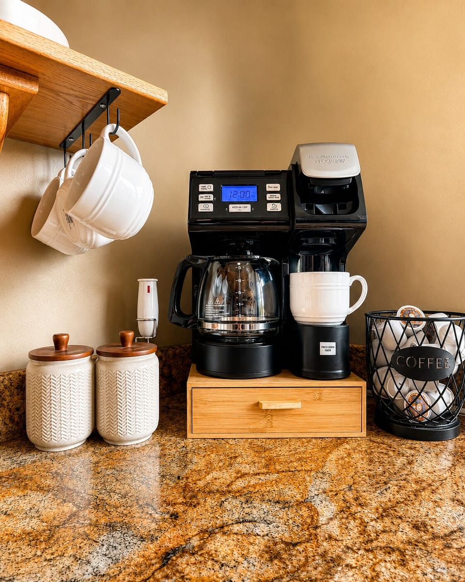 ☕ Coffee Bar  Enjoy complimentary coffee pods, creamer, sugar, and a milk frother to start your day.