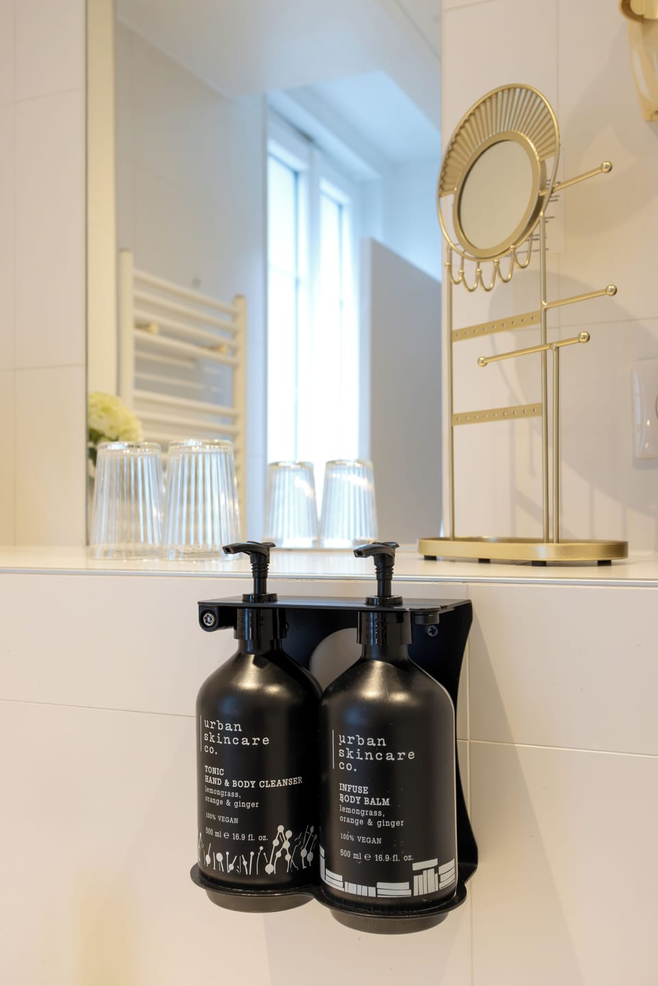 Hair dryer, towels, soap, shampoo