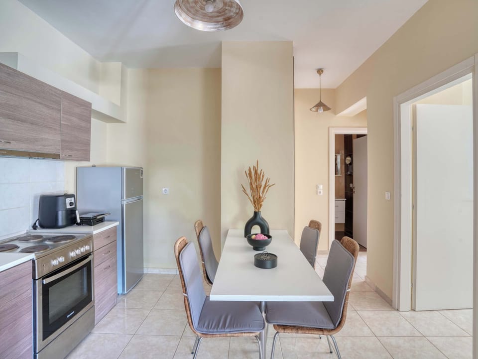 Contemporary finishes and thoughtful design details create a practical and comfortable dining space.