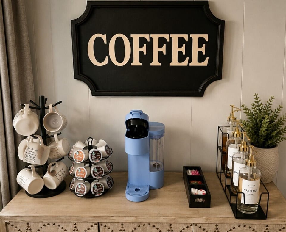 Start your mornings at the dedicated coffee bar, fully stocked for the perfect lakeside brew.