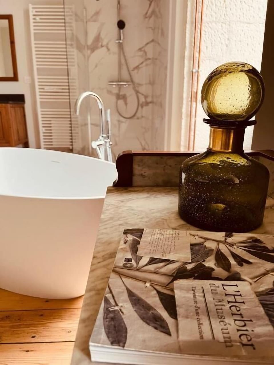Separate tub and shower, hair dryer, towels, soap