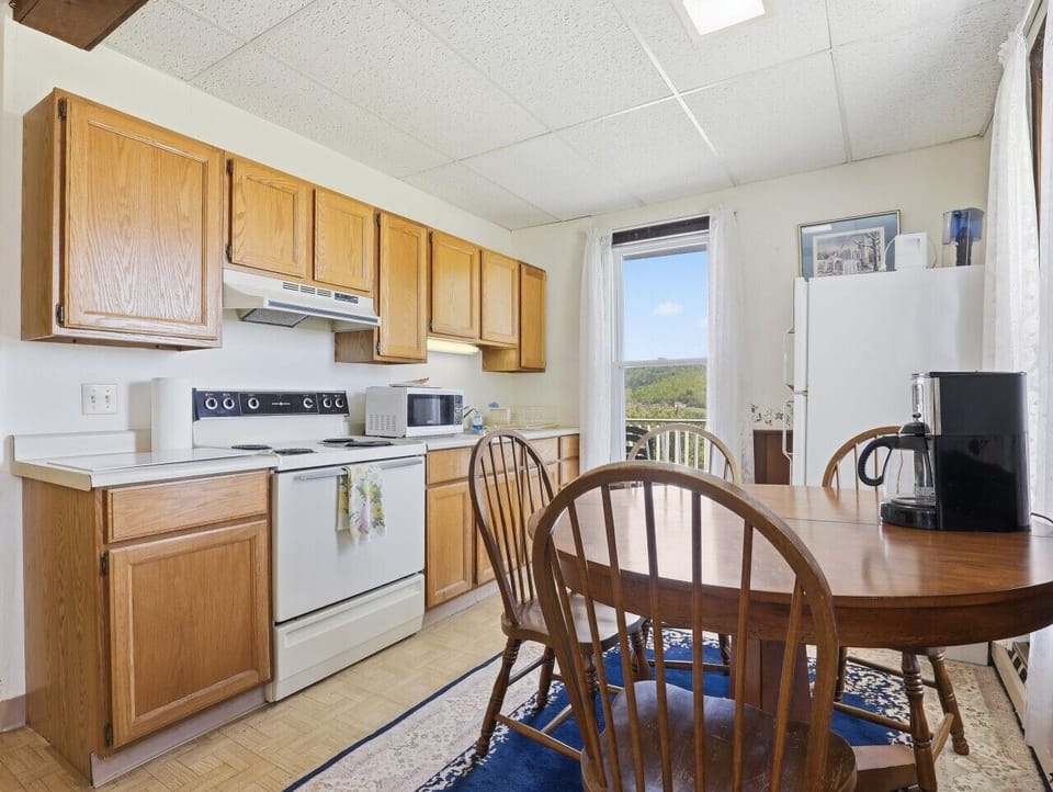 Dining & Kitchen | Electric Range & Microwave | Dining Area & Wooded Views