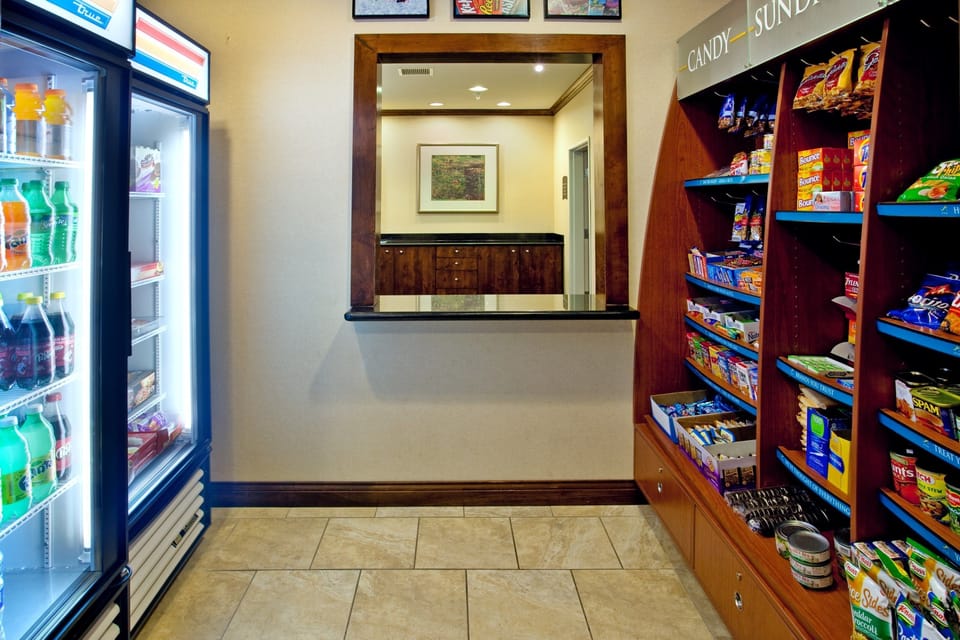On-site pantry stocked with snacks and essentials — grab what you need without leaving the building