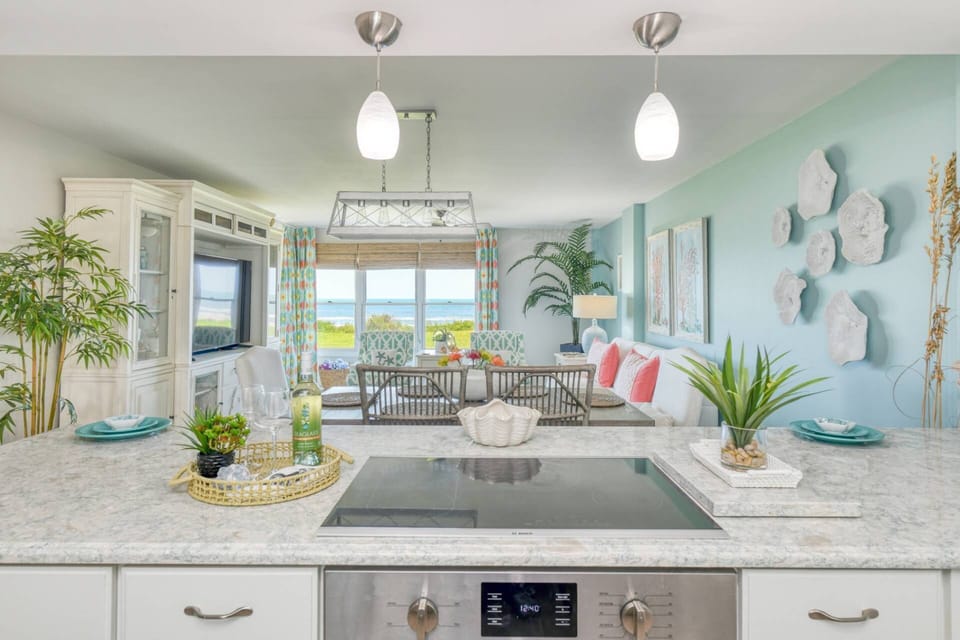 Ocean views and light fill the space.