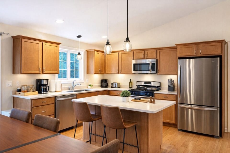 our appointed kitchen has everything needed to cook for 12. Oversized pots, and pans, check knife set, cooking basics, and provided coffee and tea selection.