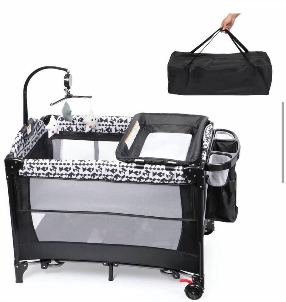 5-in-1 Pack And Play With Changing Table, Baby Bassinet Bedside Sleeper  & Music Box, Portable Baby Crib, Foldable Playard With Bassinet For Newborn To Toddlers